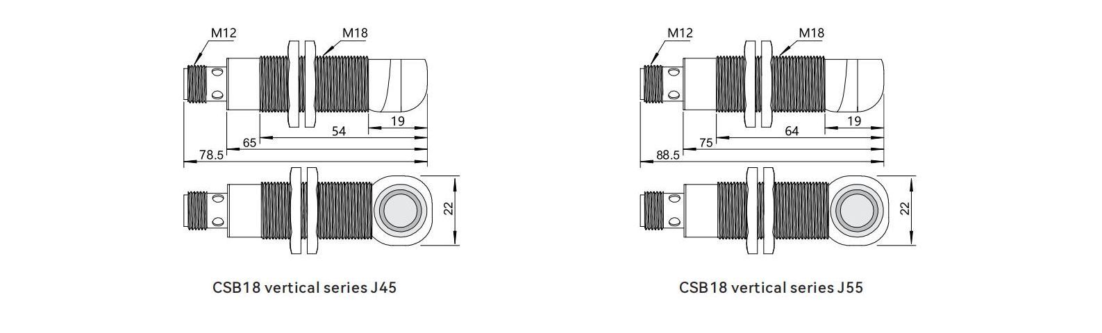 Dimensions of ultrasonic water level sensor CSB18 elbow series