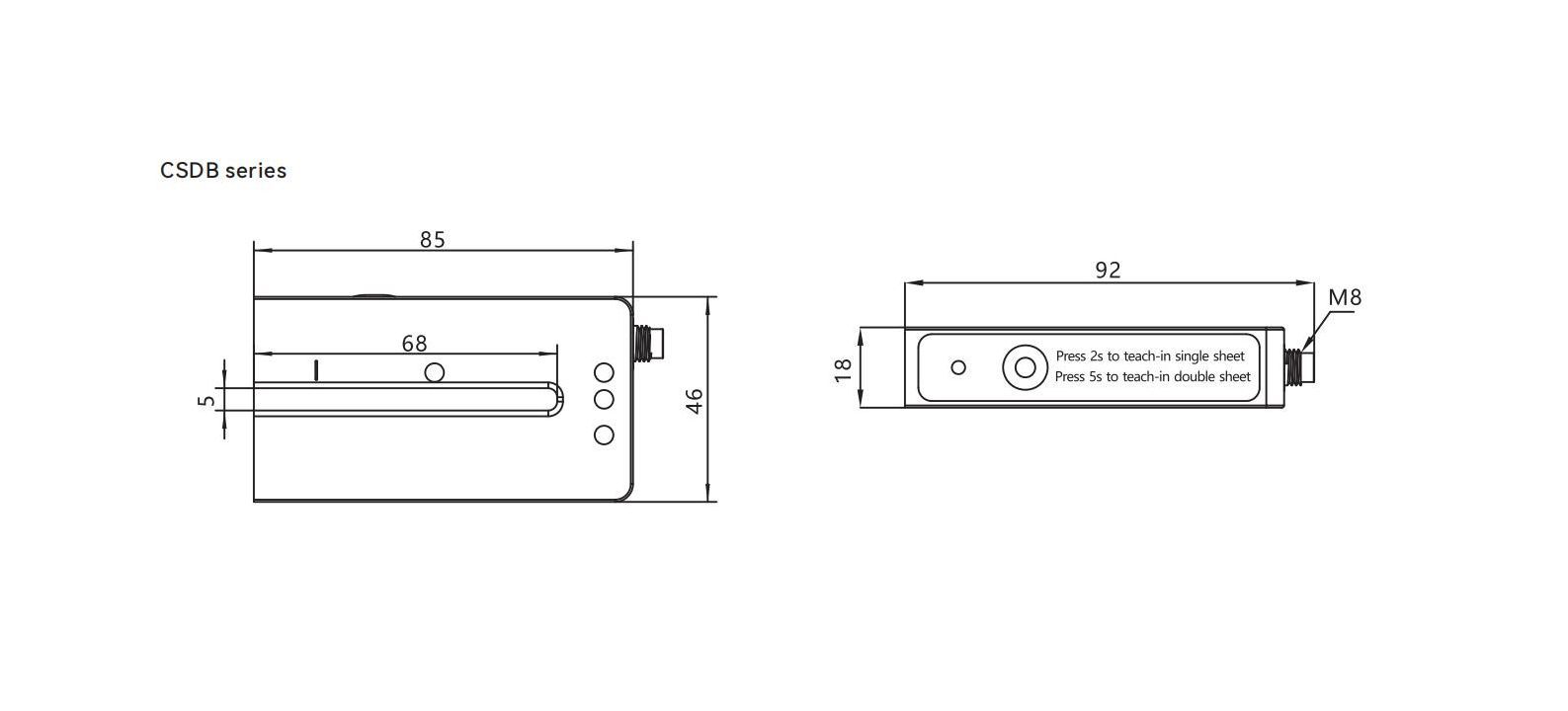 Dimensions of Ultrasonic sensors CSDB series